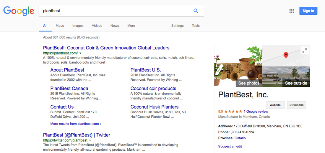Google Listing of PlantBest Inc website